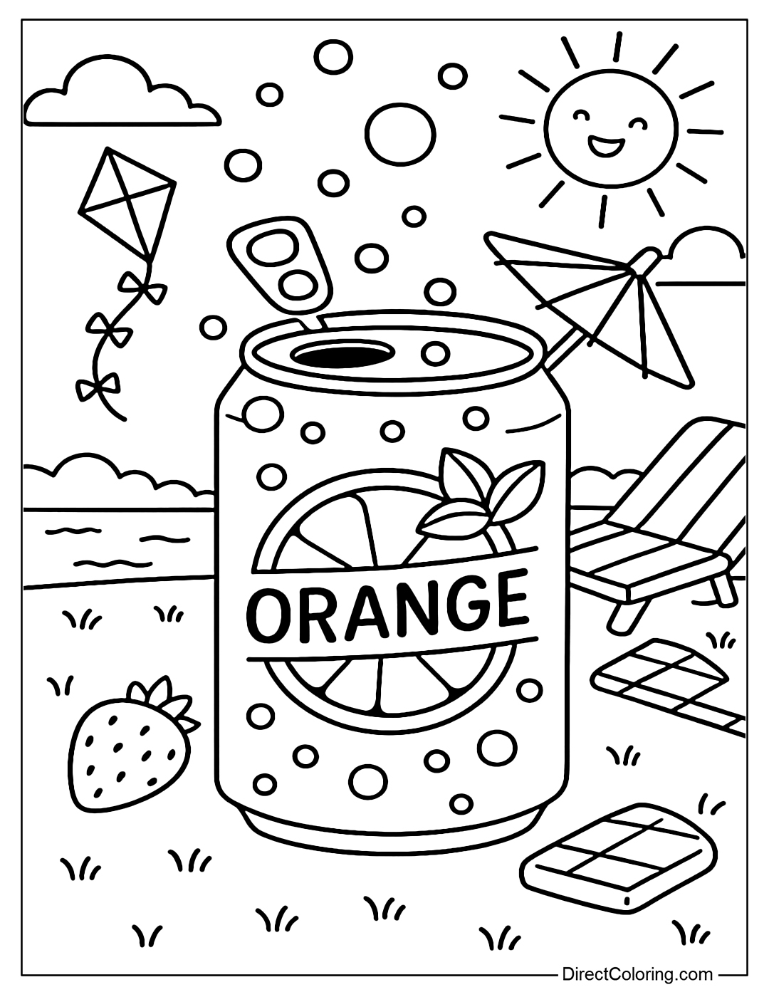 Orange soda can coloring page with balloons flying, grass with kites and picnic sandwiches in the background.